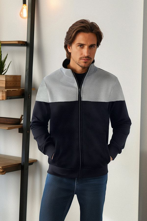 Trendyol Collection-Navy Blue-Grey Melange Zippered Stand Collar Long Sleeve Sweatshirt - Tmnaw22Sw0720 1