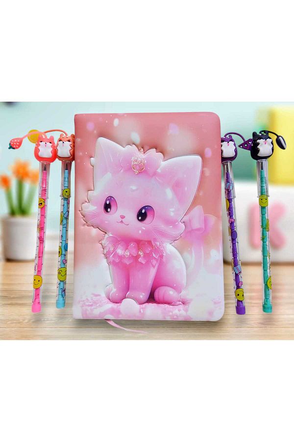 izmir yazici servis-Kitten Fancy Embossed 3D Printed Pufidik Memory Souvenir Notepad with 4 Egg Laying Pens as a Gift 1