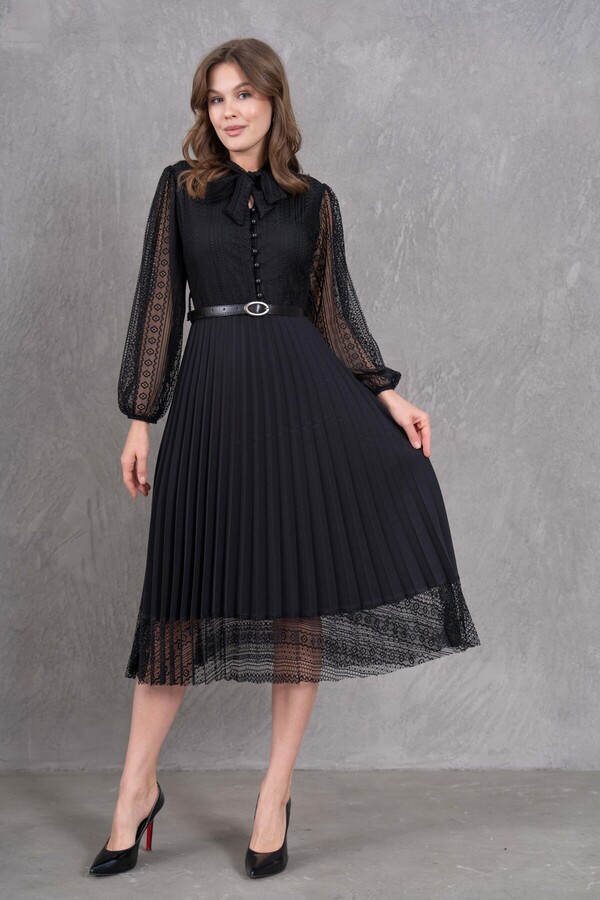 lovebox Pleated Detail Belted Design Long Sleeve Black Lace