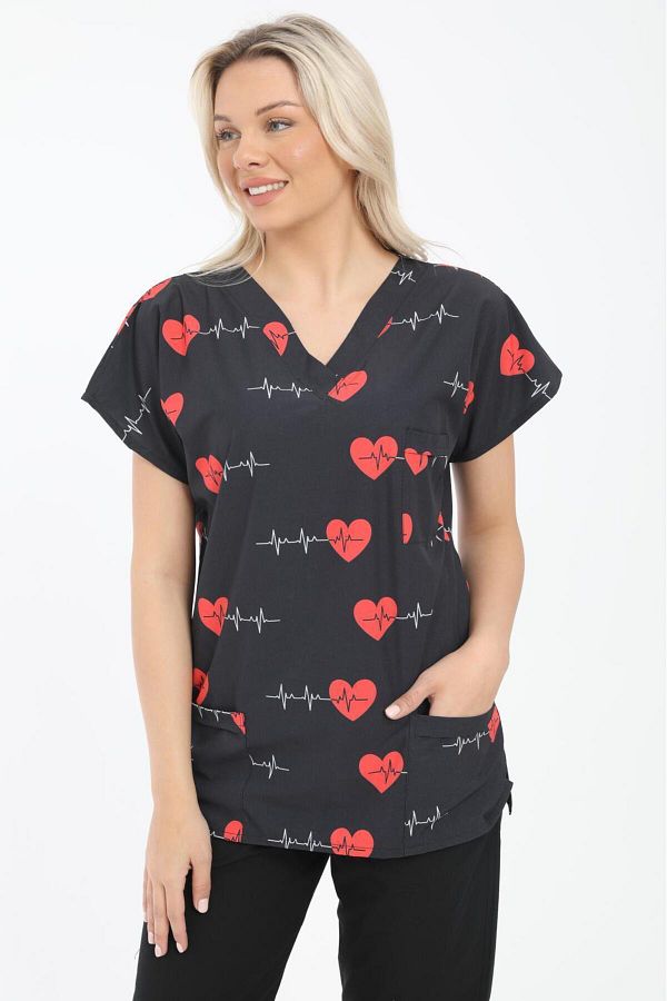 Arme medikal-Dark Decorated Lycra Pattern Surgical Scrubs - Doctor, Nurse, Veterinary, Dentist Single Top 1