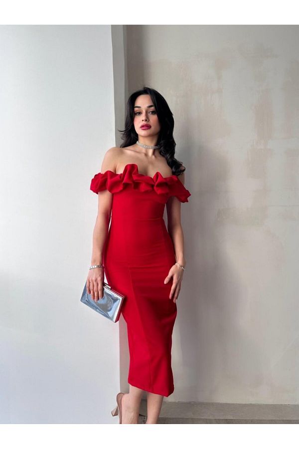 Afiş Butik-Rochie midi cu volane cu guler fără umăr 1