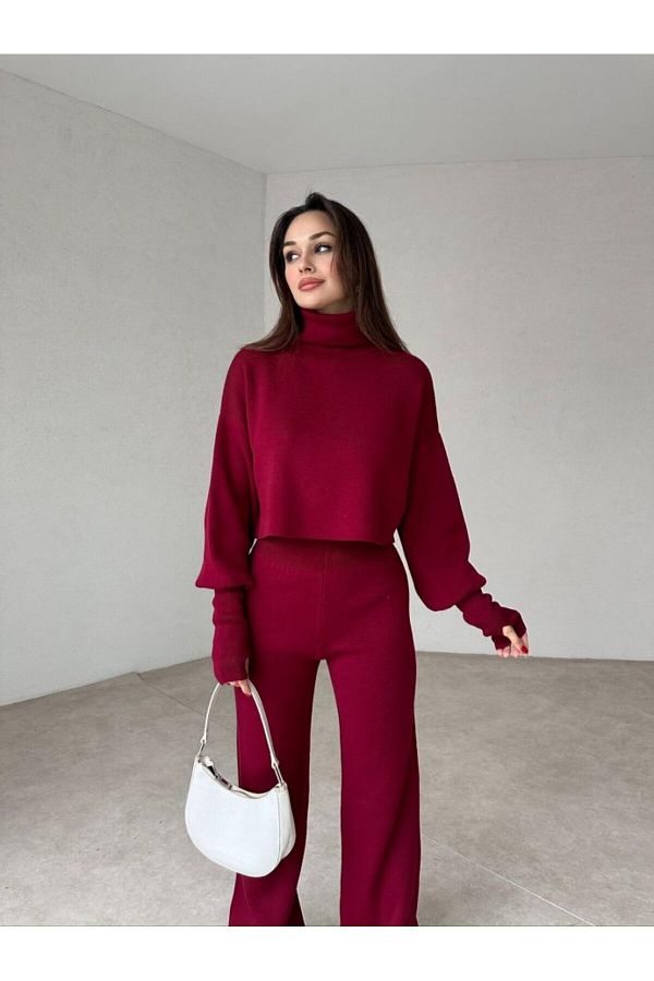 candybia-Burgunderfarbenes Damen-Strickwaren-Set mit Fingern 1