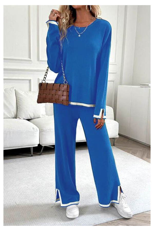 Little Visqon-Blue Modal Two-Piece Suit - Crew Neck, Slit Sleeves and Leg 1