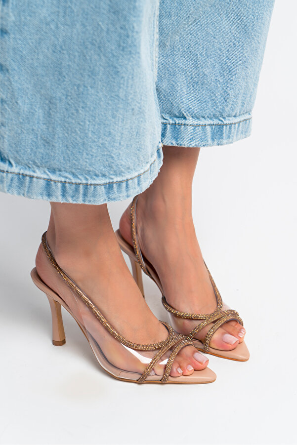 NİŞANTAŞI SHOES Beige Matte Distel Transparente Damenschuhe mit Absatz  und Steindetails