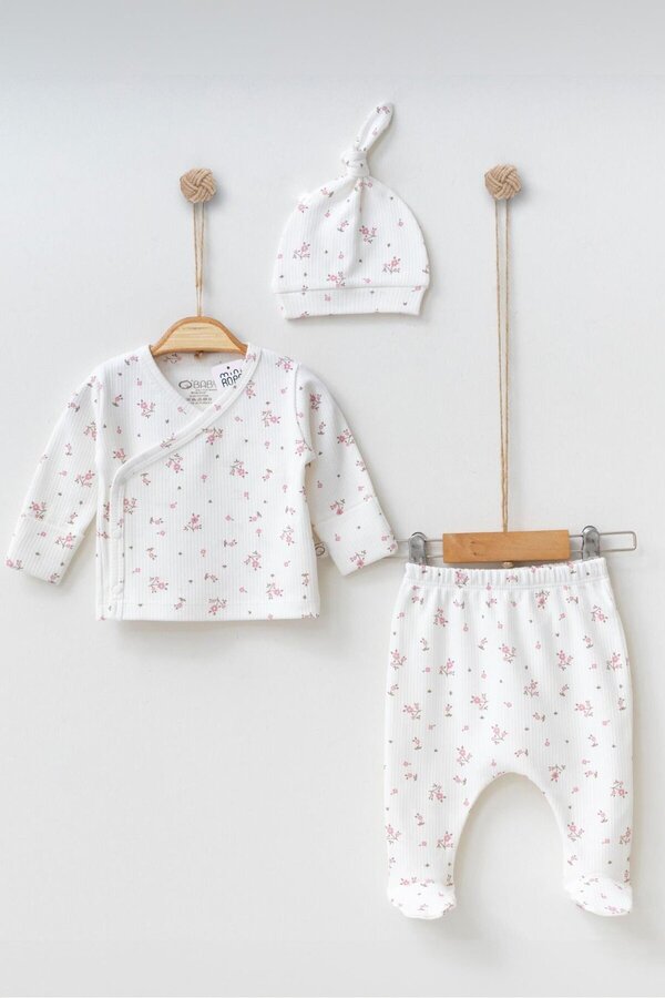 Mini Ropa Yenidoğan Kız Bebek Zıbın Seti Çiçek Desenli Ekru Yenidoğan Kruvaze Takım