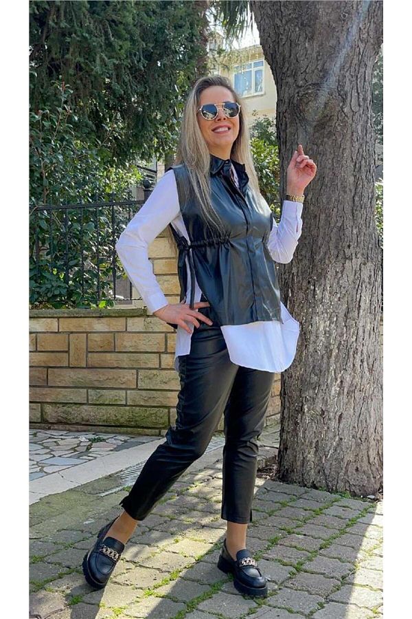 BEBE PLUS-Black Gather Detailed Leather Vest 1