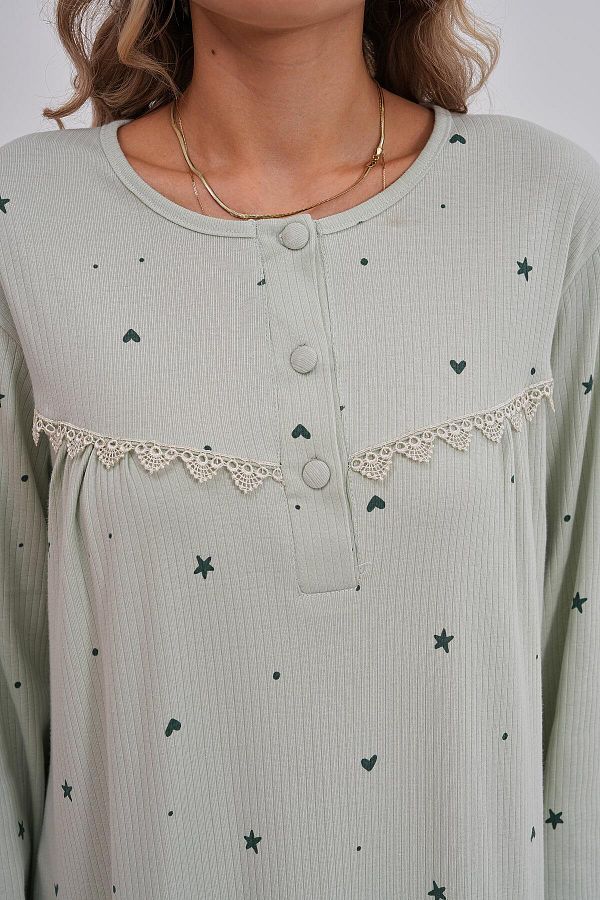 Mecit Pijama-Heart and Star Printed Cotton Interlock Nightgown - Long Sleeve, Button-Down Collar, Plus Size 1