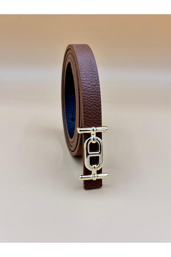 Tina-1.5cm Wide Gold Buckle Tan Leather Thin Belt 1