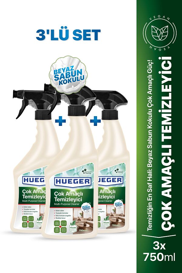 Hueger-Detergent multifuncțional vegan – Set de 3 produse de curățare puternice cu capete de spumă și pulverizare, cu parfum de săpun alb 1