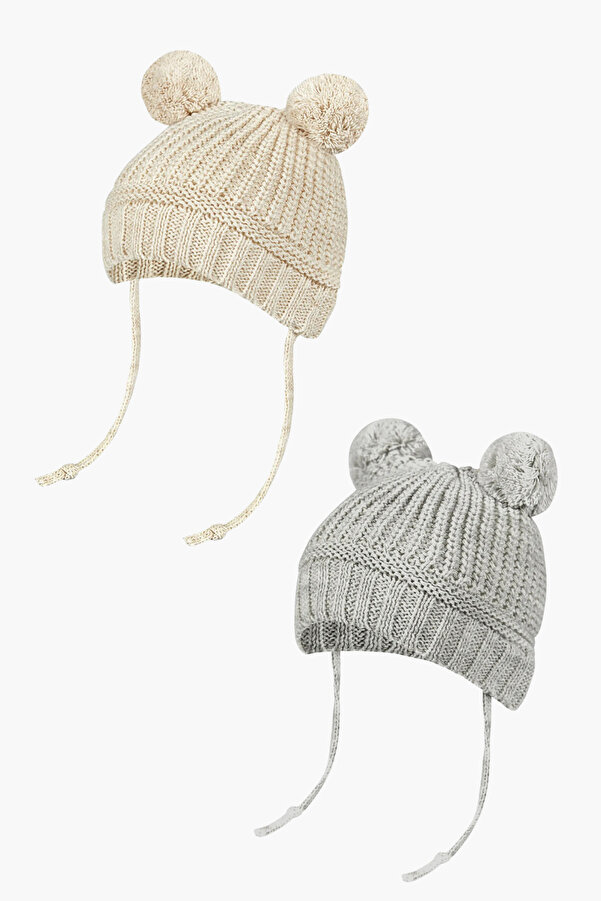 Little Jom 2 Adet Ponponlu Triko Bebek Şapkası, Triko Bebek Bere (0-18 Ay)