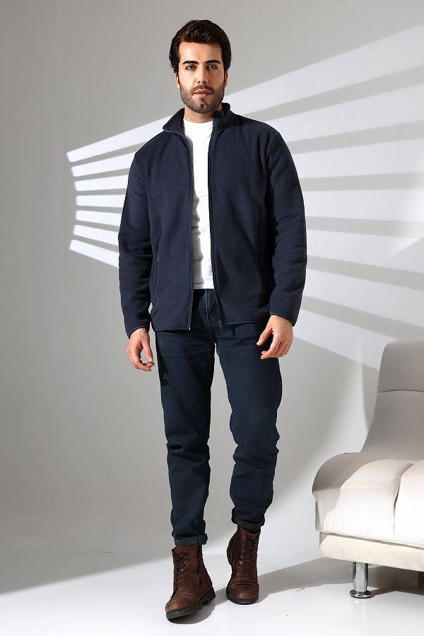 DİVİSTA-Men's Navy Blue Colored Zippered Stand Collar Fleece 1
