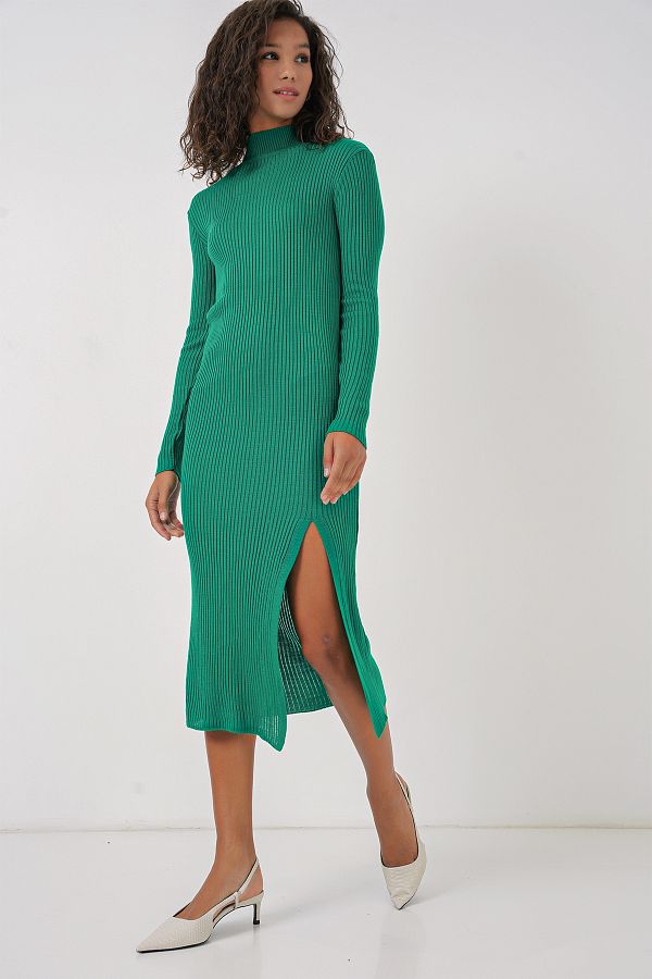 Bigdart-15828 Rochie tricotată cu fantă - verde 1