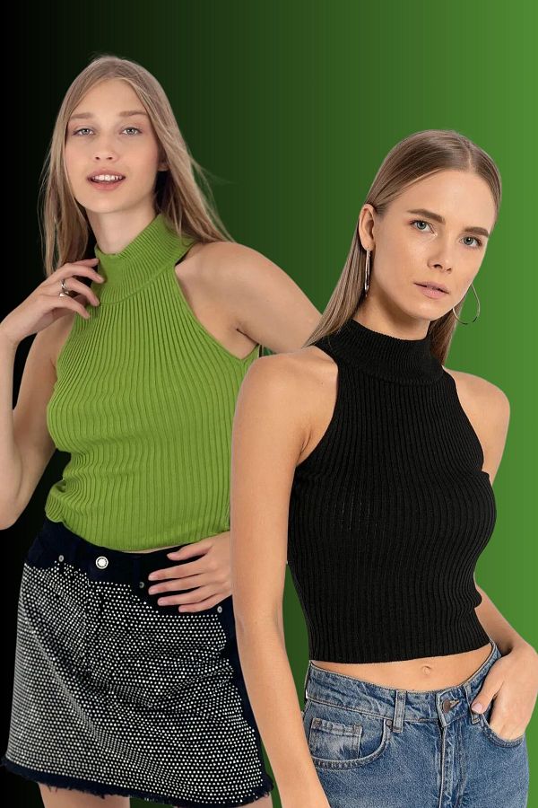 Miss Poem-Women's 2-Piece Turtleneck Basic Crop Knitwear Sweater 1