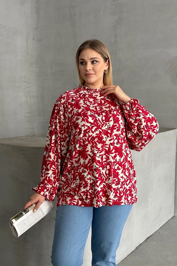 Stil Diva-Bluză cu mânecă lungă cu imprimeu cu guler adunat de mărime mare E15233 1