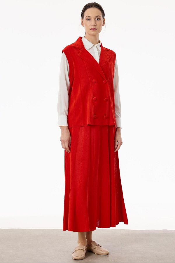 Tığ Triko-Rayon Vest Skirt Set - Mercan 1