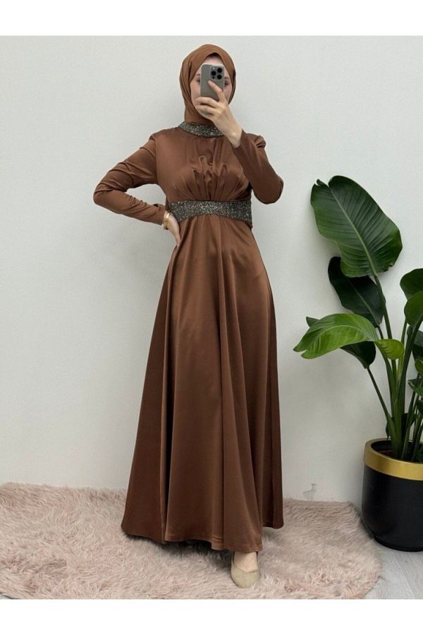 Modamorfo-Stone Detailed Satin Evening Dress - Brown with Neckline and Waist 1