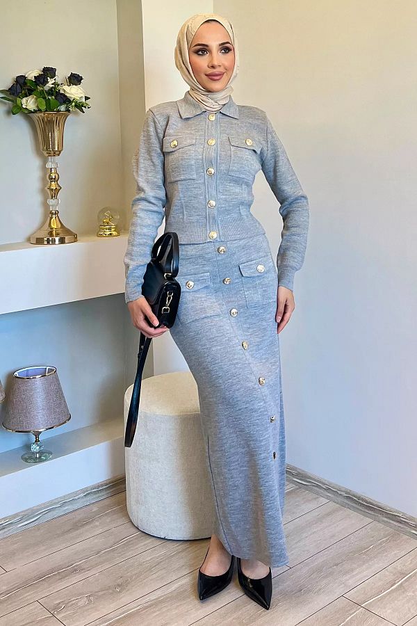 julude-Gray Button Detailed Cardigan Skirt Hijab Knitwear Double Set 1