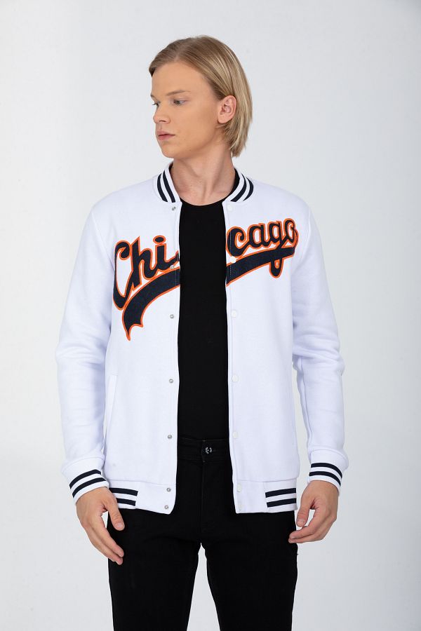 DYNAMO-Men's White College Collar Bomber Regular/Normal Cut Ribbed Inside Cotton Cardigan Sweatshirt 6752 1