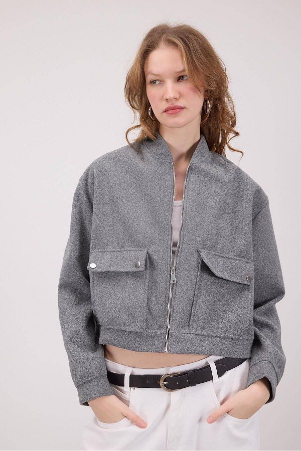 Addax-Zippered Stamped Bomber Jacket C13711-R5 1