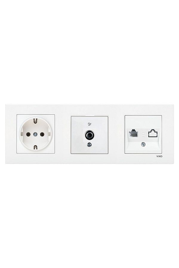 VİKO-Viko Karre White Set of 3 - Grounded Socket, F Connector, Numeris Cat3 Phone Socket and Triple Frame 1