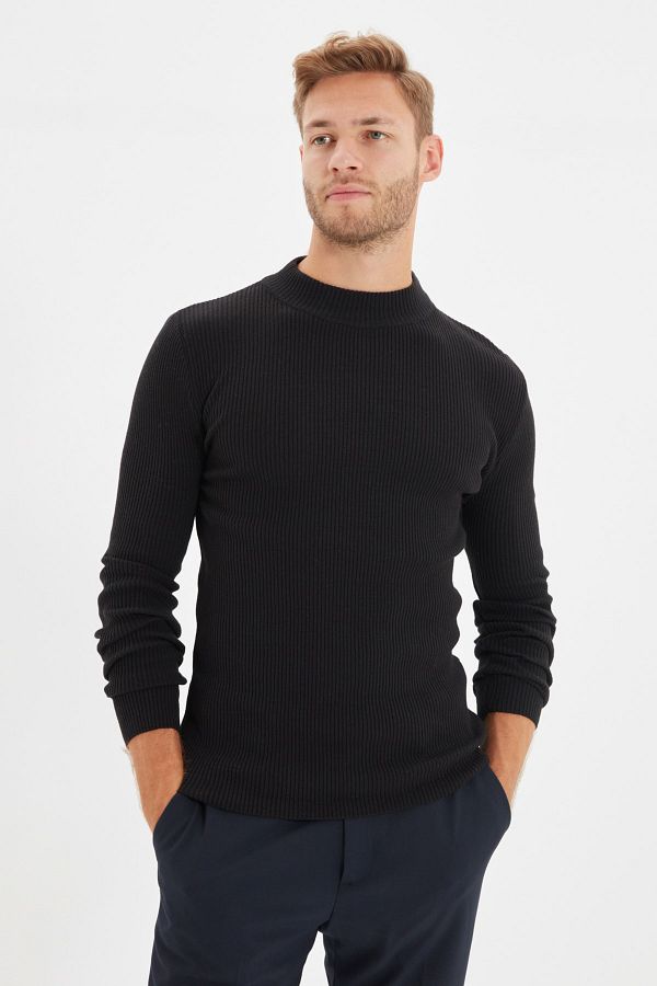 Trendyol Collection-Schwarzer Cord-Strickpullover mit halbem Rollkragen – Baumwolle, TMNAW21KZ0568 1