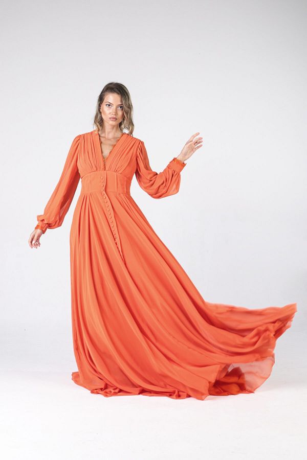 ALİS DRESS-Orange Chiffon Evening Dress - Long Sleeves and Buttons 1