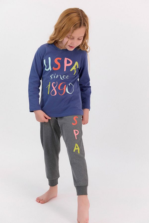 U.S. Polo Assn. Light Indigo Girl s Long Sleeve Ribbed Pajama Set Trendyol