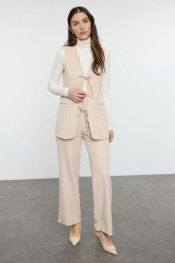 Trendyol Modest-Vestă țesătă cu închidere cu cravată în față bej TCTSS24YL00003 1