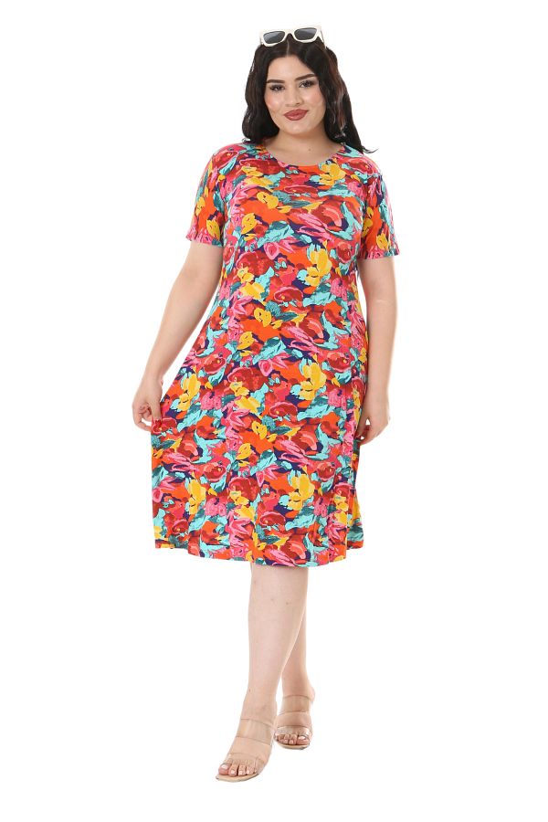 MELSAY-Model de trandafiri galbeni - Rochie Midi Plus de dama cu maneca scurta 1