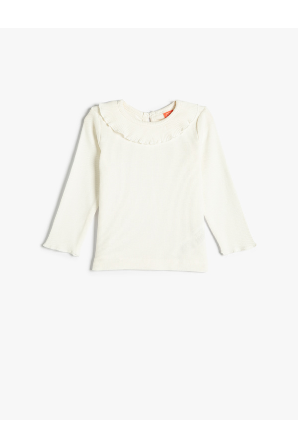 Koton Basic Tişört Uzun Kollu Fırfır Detaylı Bisiklet Yaka Pamuklu