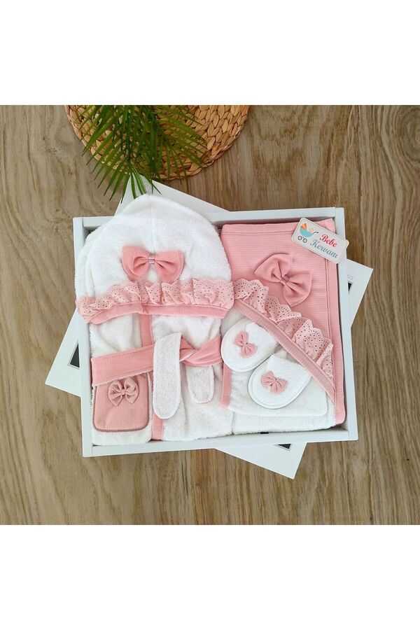 bebe kervanı Bebekervanı Kız Bebek  Pembe %100 Pamuklu Fistolu Bornoz Takımı BBK1029