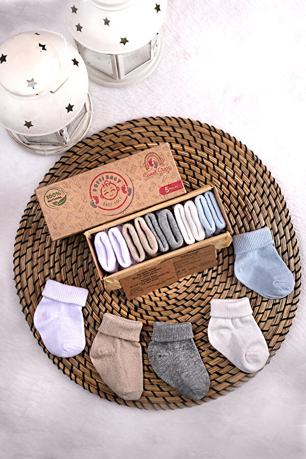 poffibaby Organik Pamuk Unisex 5'li Kutulu Premium Yenidoğan Bebek Çorabı