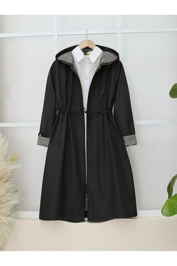 Modamorfo-Hooded Trench Coat with Elastic Waist and Folded Sleeves 1