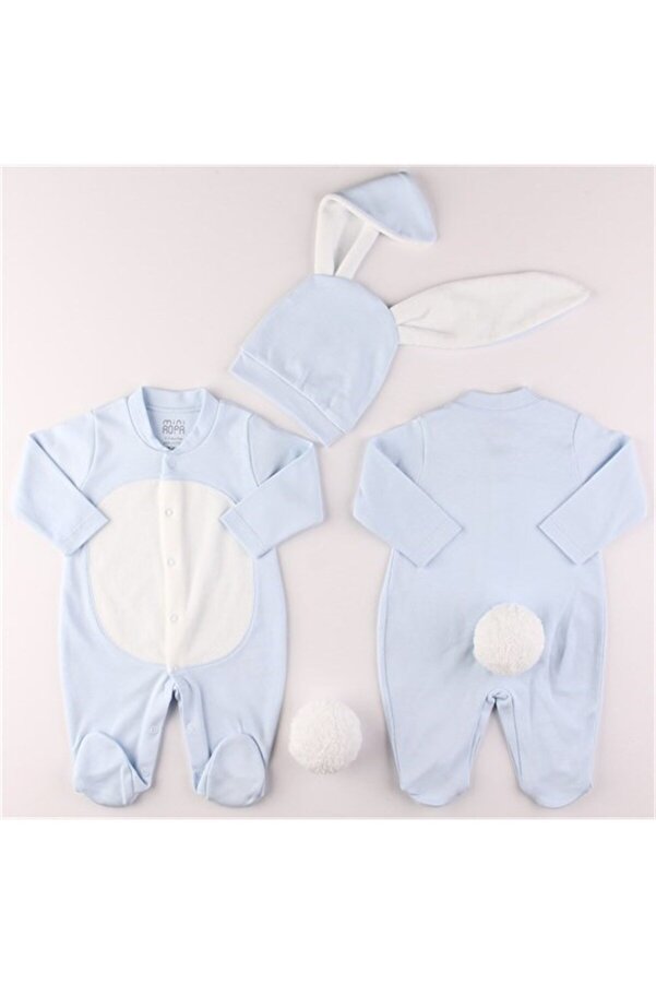 Mini Ropa Mavi Renk Bebek Tavşan Ponponlu Tavşan Kulaklı Tulum Bebek Hediyesi Bebek Fotoğtaf Çekimi Ürünü