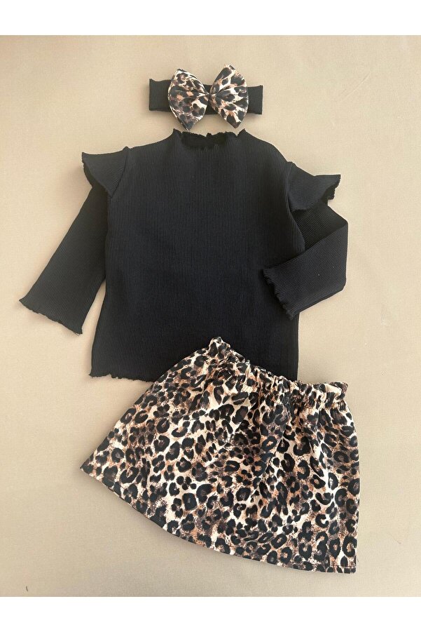 eymwes Etekli Kız Bebek Ve Çocuk Bandanalı Leopar Takım