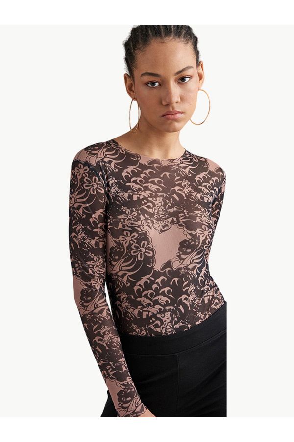 RİVUS-Tattoo Patterned Transparent Tulle Body with Snap Fasteners from the Bottom - Tattoo Pattern 1