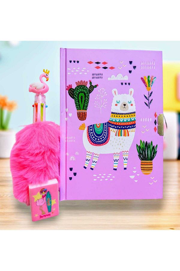 izmir yazici servis-Lama Locked Notebook Souvenir and Diary Notebook - Flamingo Feather 6 Color Ballpoint Pen Set 1