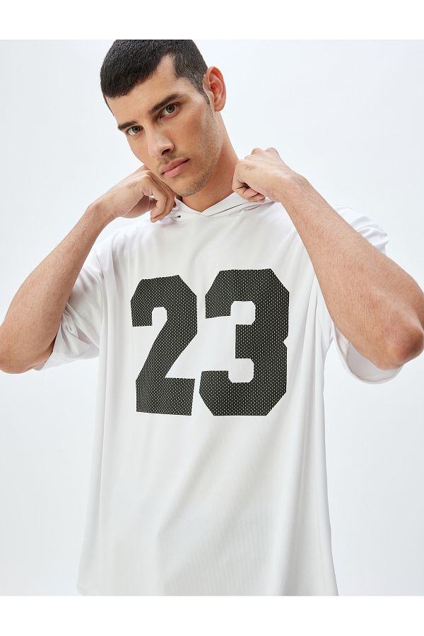 Koton-Oversize Hooded Printed Sports T-Shirt - Half Sleeve 1