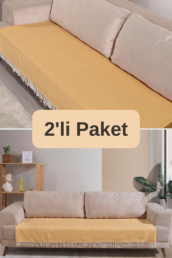 Miracolo Home-Pachet de 2 huse de canapea din bumbac galben - 115x200, cu franjuri în față, model în dungi 1
