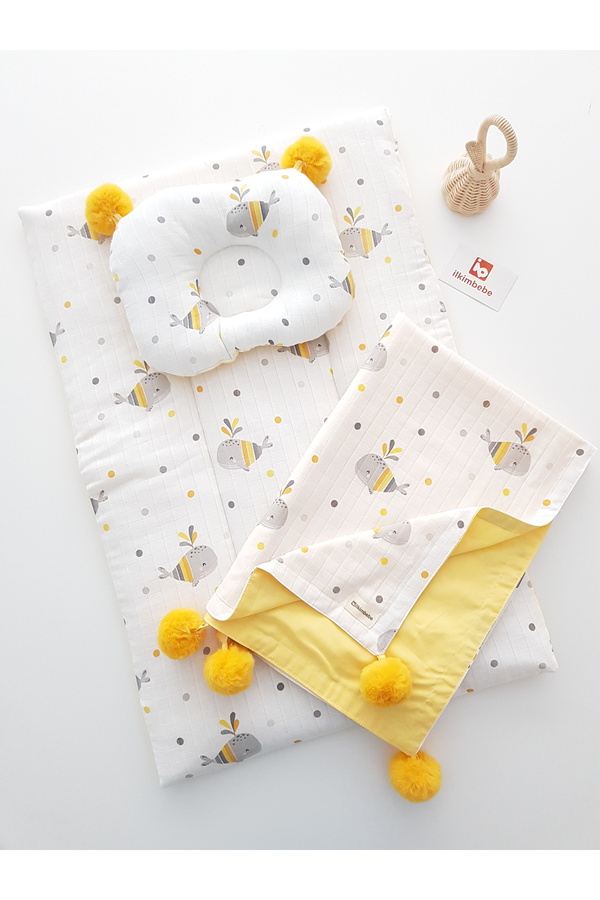 ib ilkimbebe Battaniyeli Bebek Alt Açma Seti, Minderi , Müslin, Bebek Yastığı, Yenidoğan, Beşik , Bebek Ürünleri