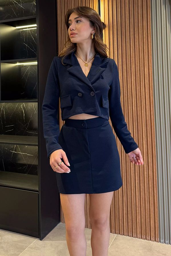 GÜLSELİ-Navy Blue Women's Crop Top Jacket Skirt Double Set 1