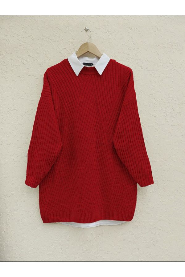 Modamorfo-Red Diamond Patterned Running Knitwear Tunic 1