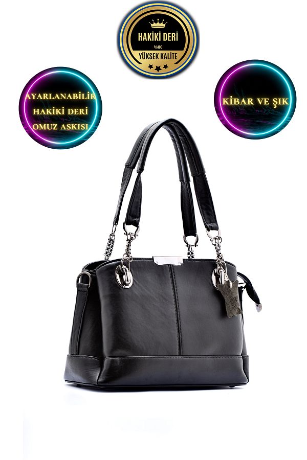 CüzCan-Large Volume Black Women's Leather Hand and Shoulder Bag 1