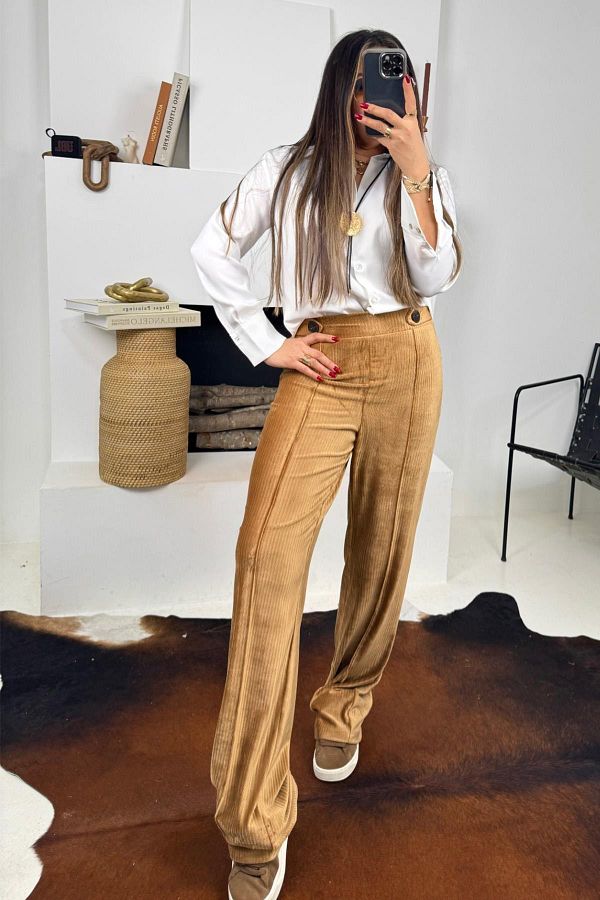 Sohotique By P-Mustard Corduroy Trousers - Waist Button Detail and Elastic 1