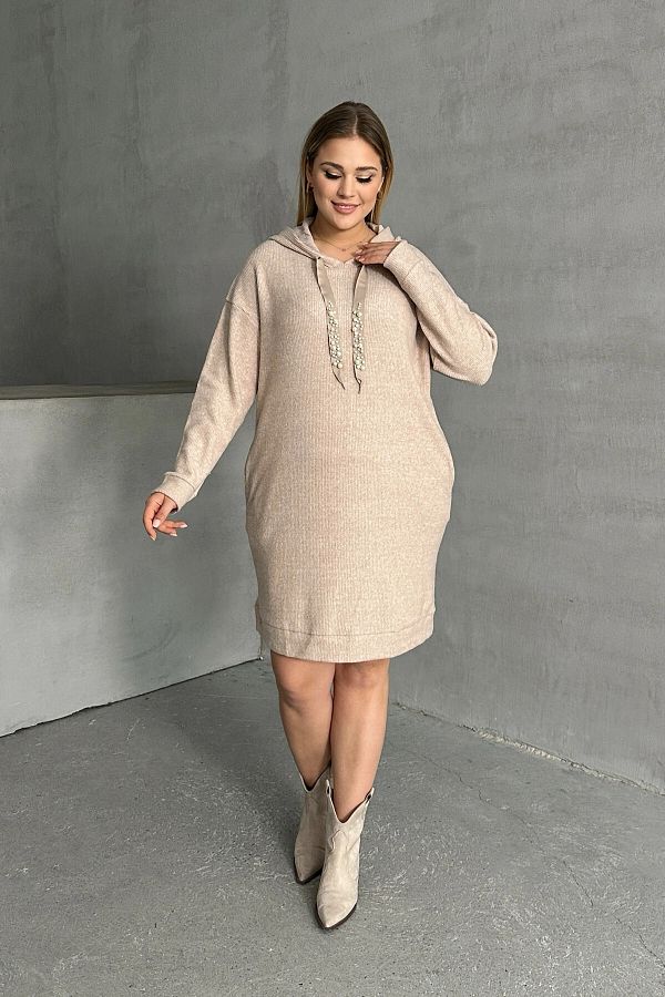 Stil Diva-Hooded Bead Embroidered Plus Size Sweat Dress - with Pockets 301801 1