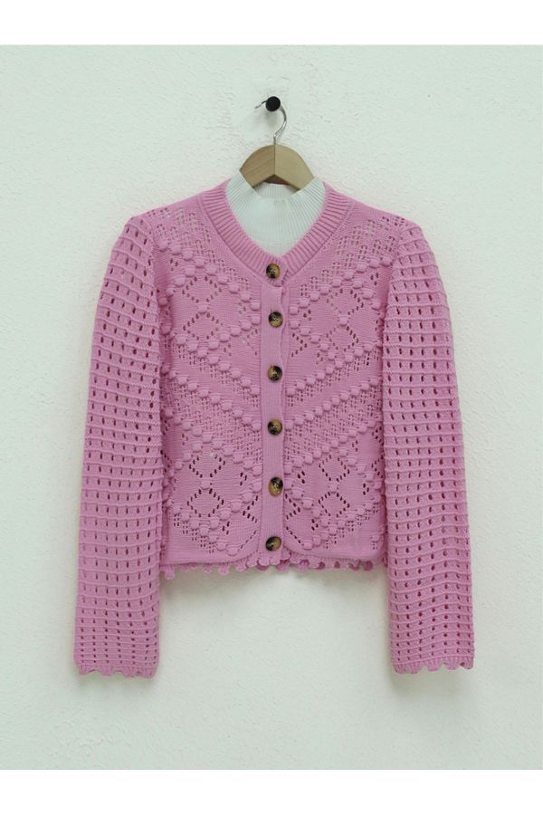 Modamorfo-Rosa durchbrochene Strickjacke aus geprägtem Strick - Knochen geknöpft 1
