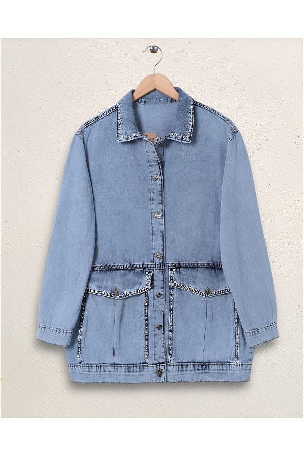 Modamorfo-Eisblaue Jeansjacke mit Steinstickerei 1