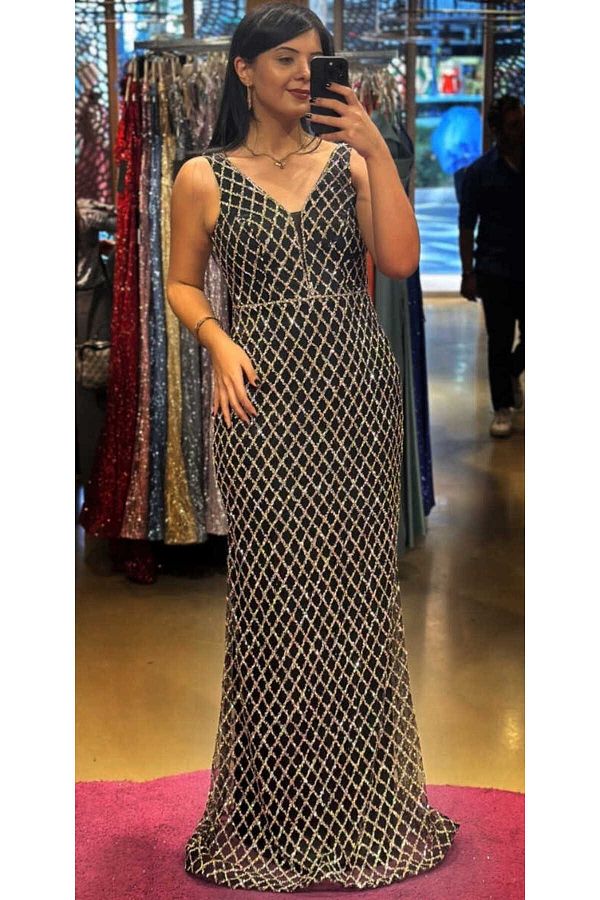Abiyeniall-Rochie de seară lungă, argintie, cu bretele groase, cu tăietură dreaptă, 7587 1