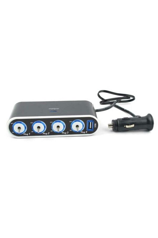 Taimi-4 Way Car Cigarette Lighter Socket Splitter + USB + LED Light Control, Black H1A9 1