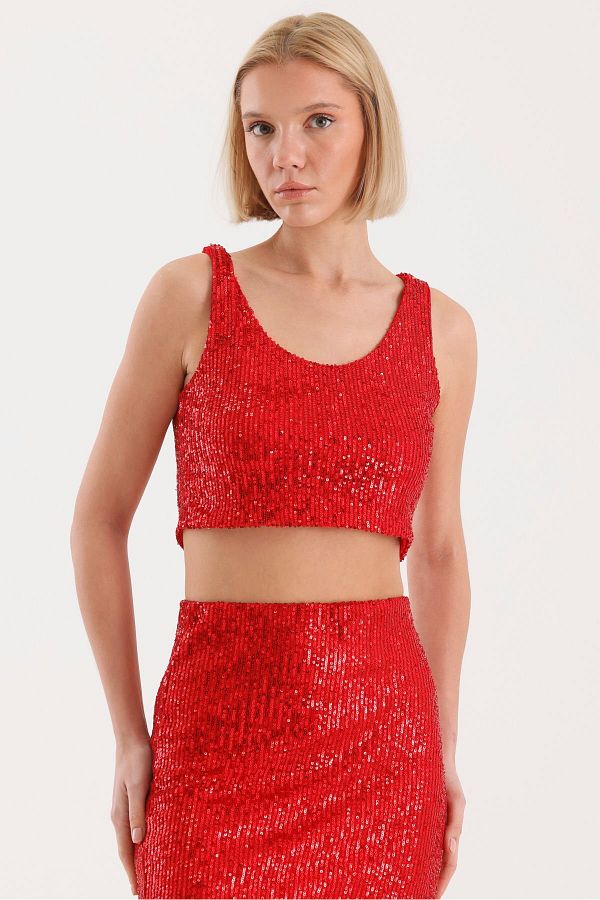 soBasic-Red Crop Blouse - Sequin, Stretchy and Lined, U-Neck, Thick Sling - L Length 1